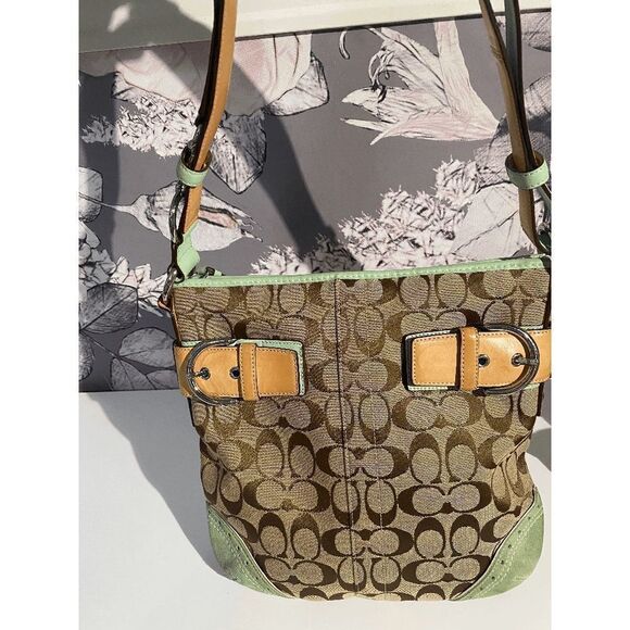 Vintage Coach Women’s Shoulder Satchel Tote Bag Khaki Canvas Green - Picture 5 of 13